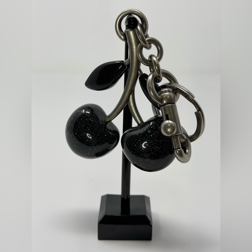 Black Cherry Keychain/Bag Charm Silvertone Hardware